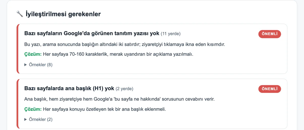 Rapordan örnek: önem sırasıyla sorunlar ve her birinin çözümü